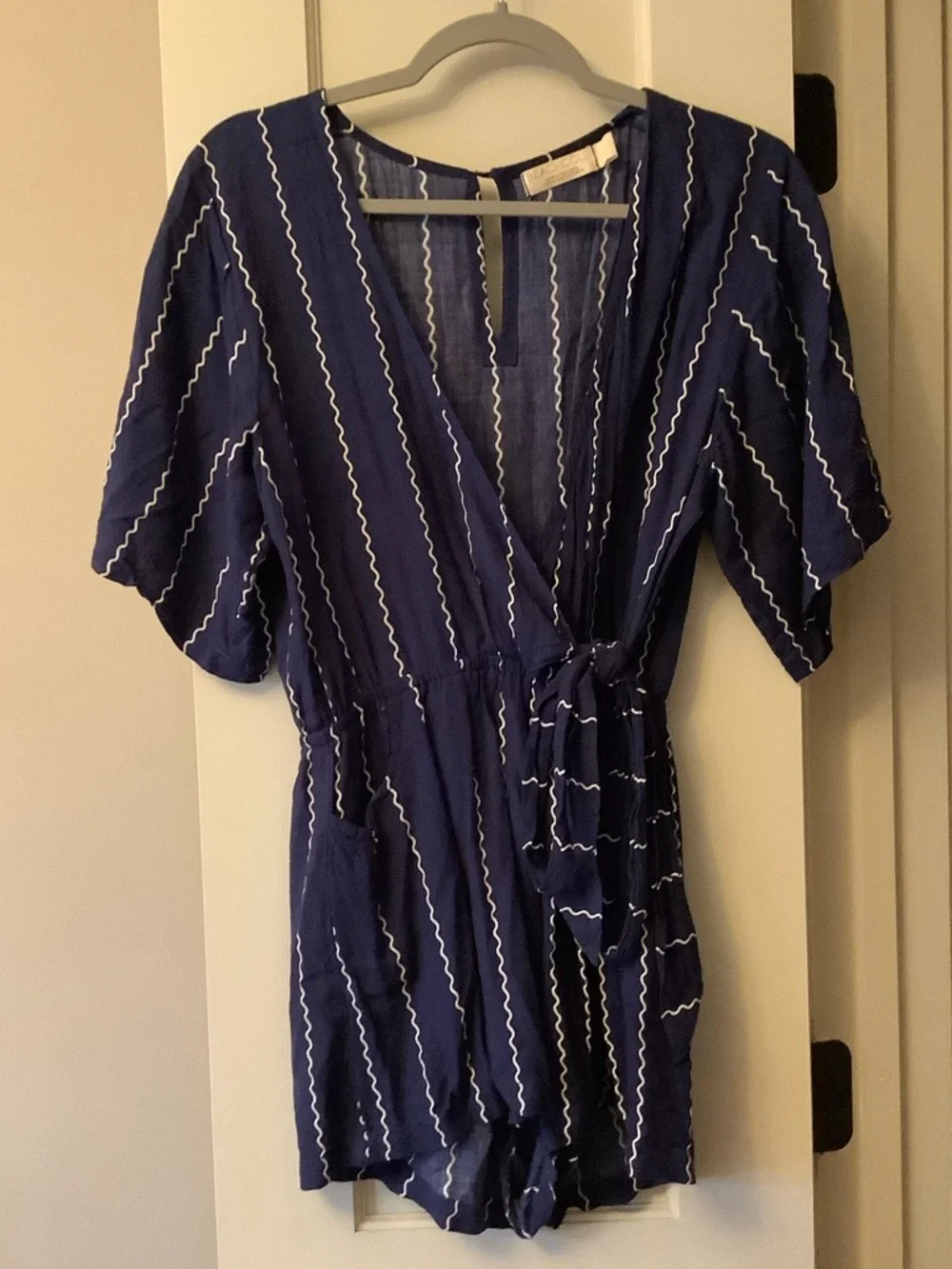 BEACHGOLD Women’s Navy Blue Stripe Wrap Romper Dress - Picture 1 of 6